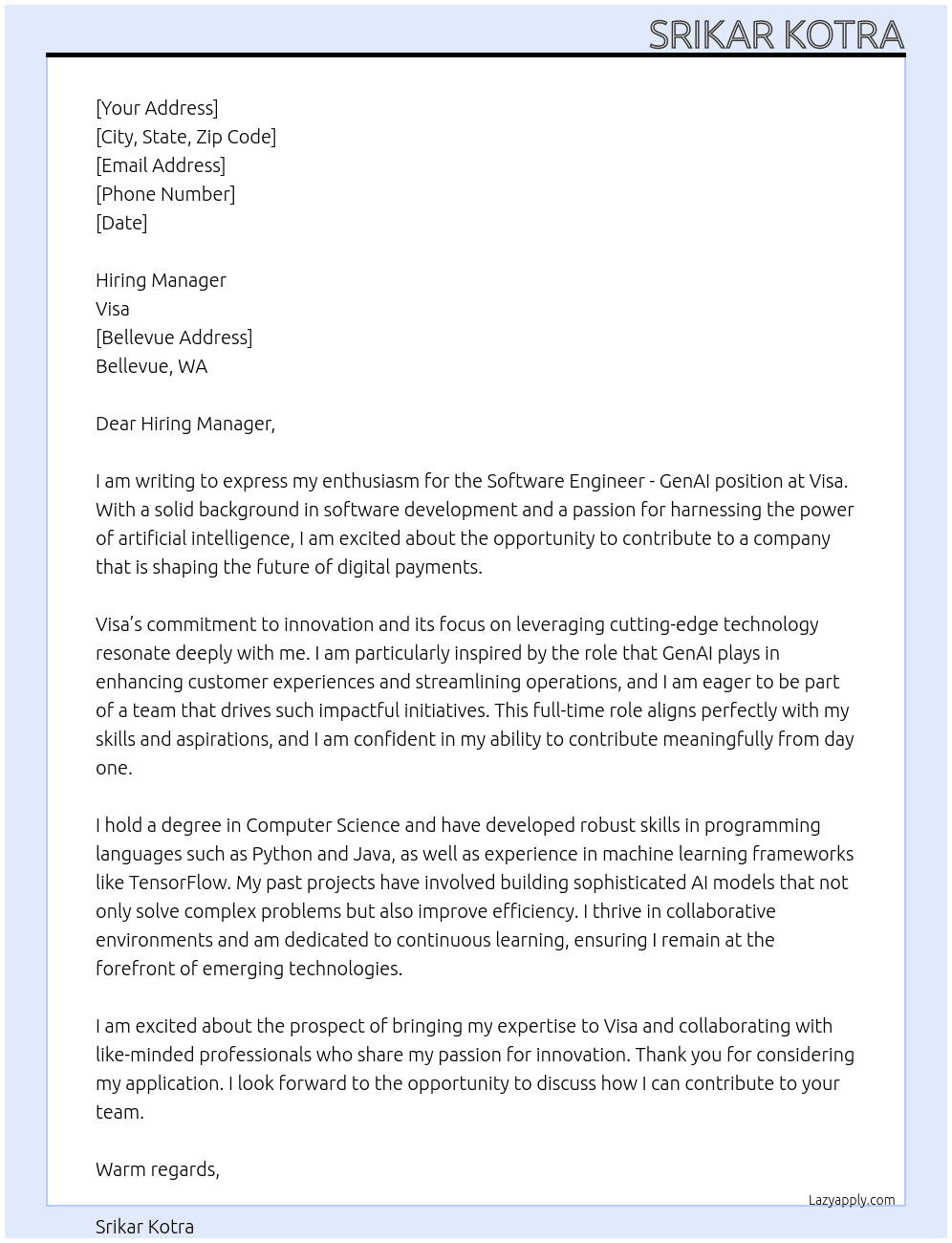 Software Engineer - GenAI At Visa Cover Letter