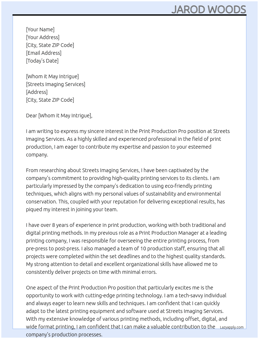 Print Production Pro At Streets Imaging Services Cover Letter