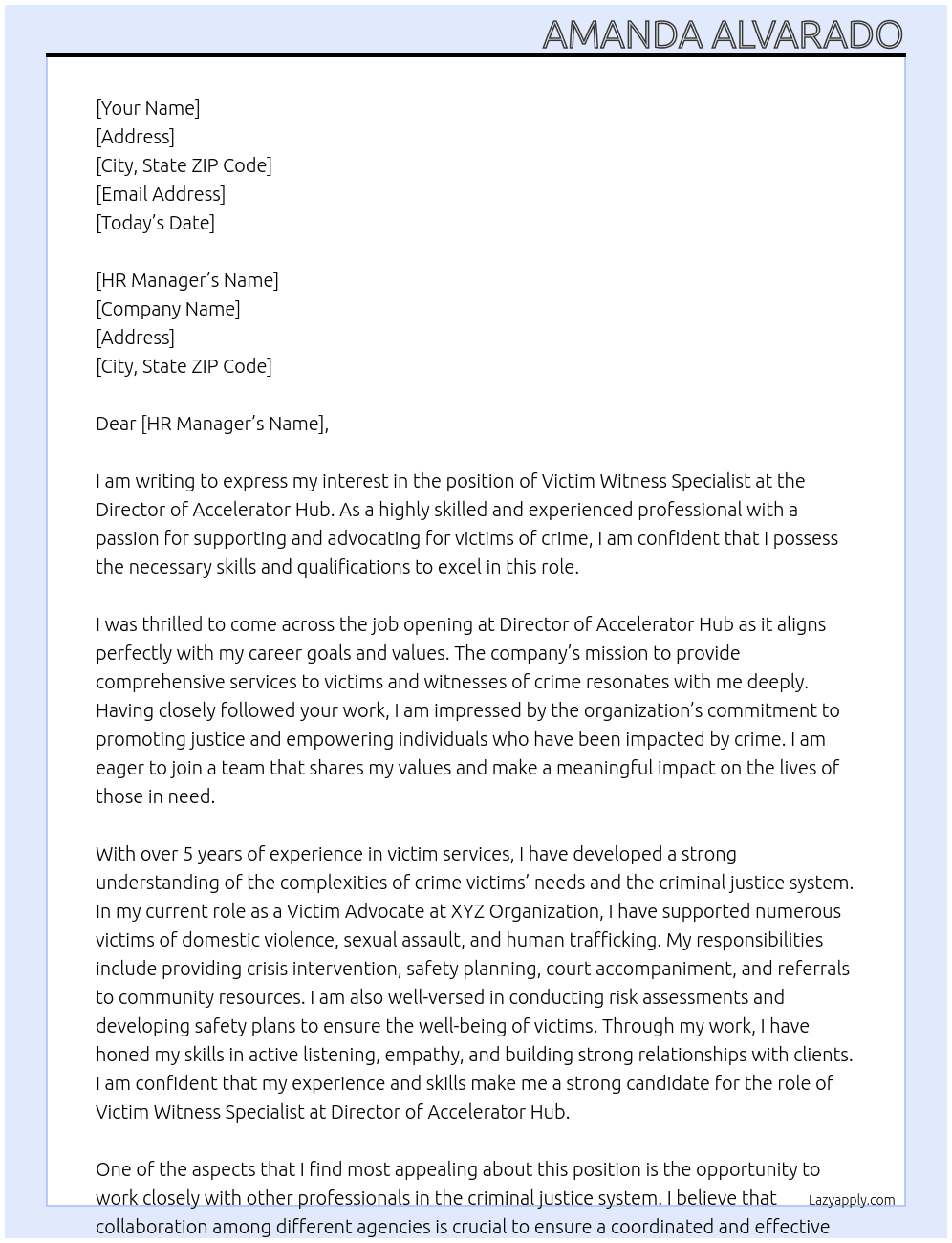 victim witness specialist  At Director of Accelerator Hub Cover Letter