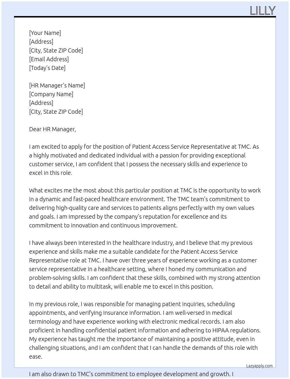 Patient Access Service Representative  At TMC  Cover Letter