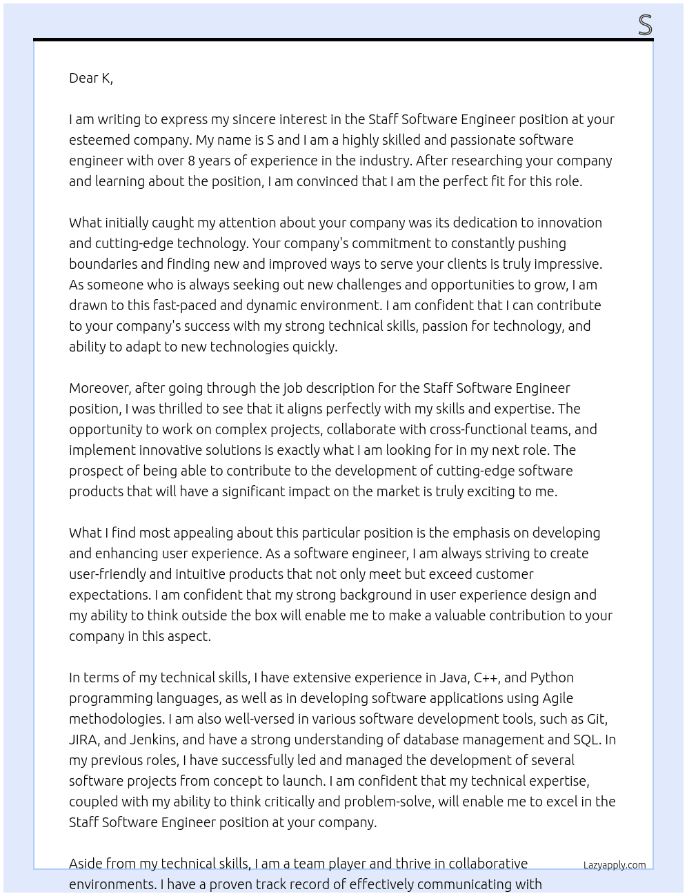 Cover letter for staff software engineer - LazyApply