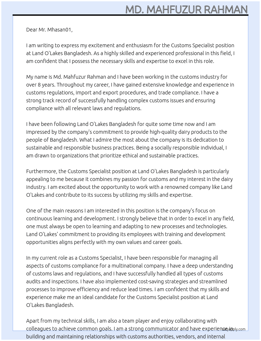 Customs Specialist At Land O'Lakes Bangladesh Cover Letter