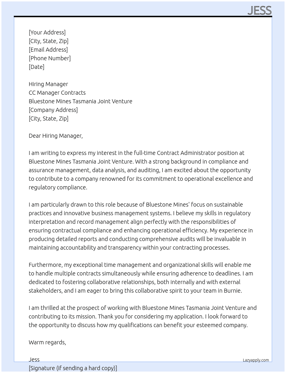 Contract Administrator At Bluestone Mines Tasmania Joint Venture Cover Letter