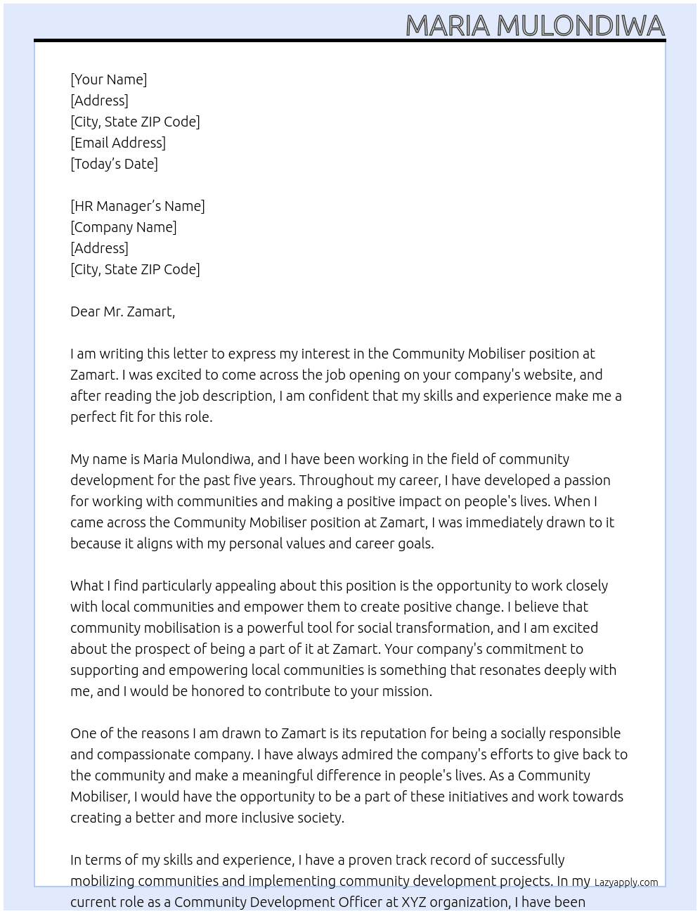 community mobiliser At zamart Cover Letter