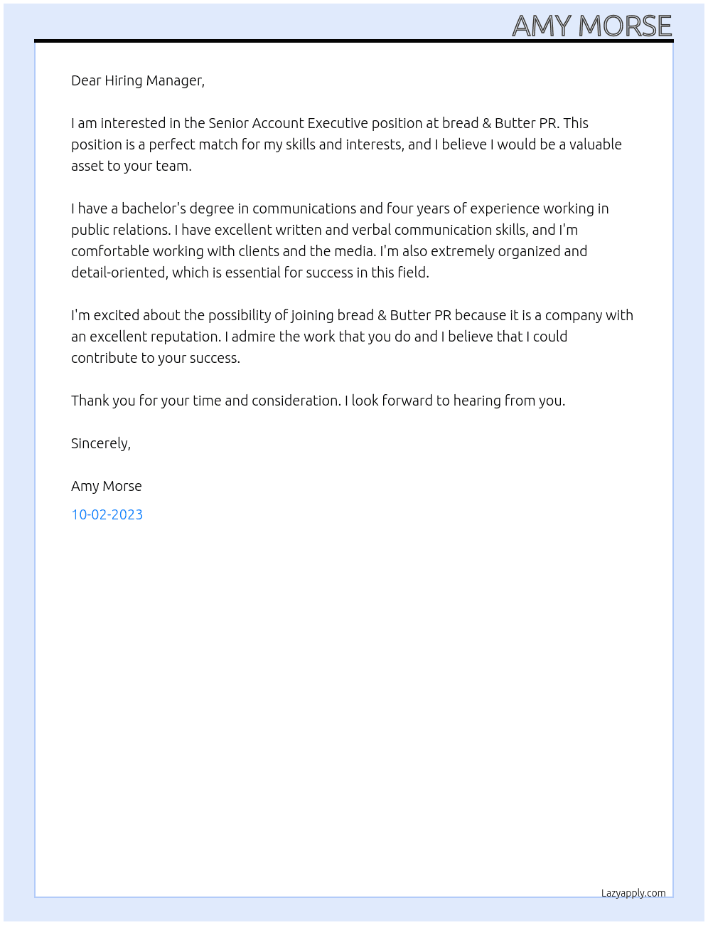 Senior Account Executive At bread & Butter PR Cover Letter