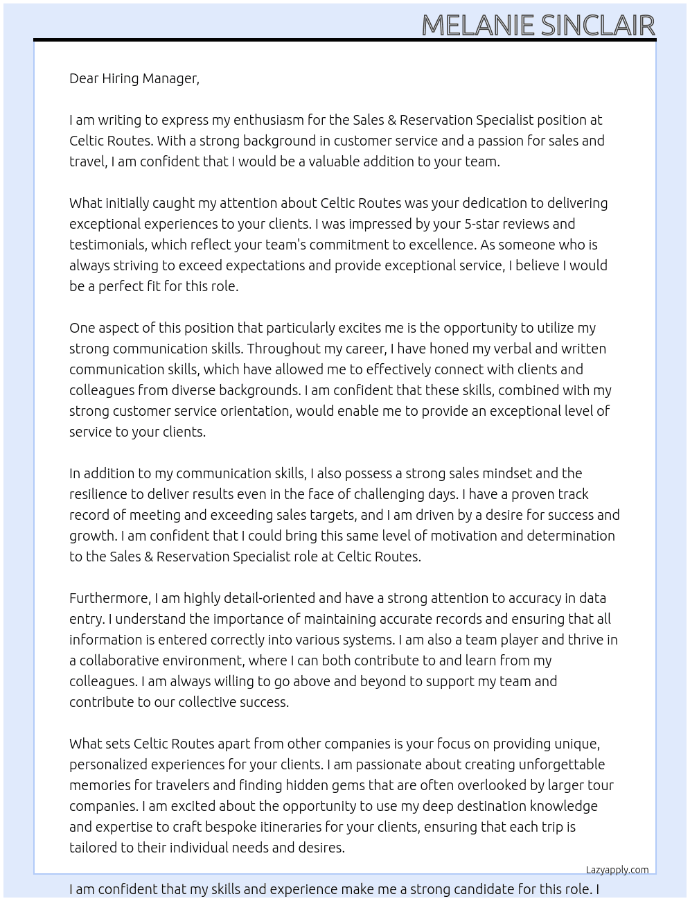 Sales & Reservation Specialist At Celtic Routes Cover Letter