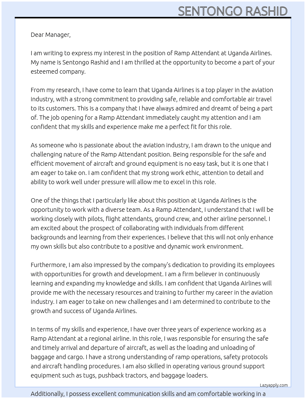 Ramp attendant At Uganda Airlines  Cover Letter