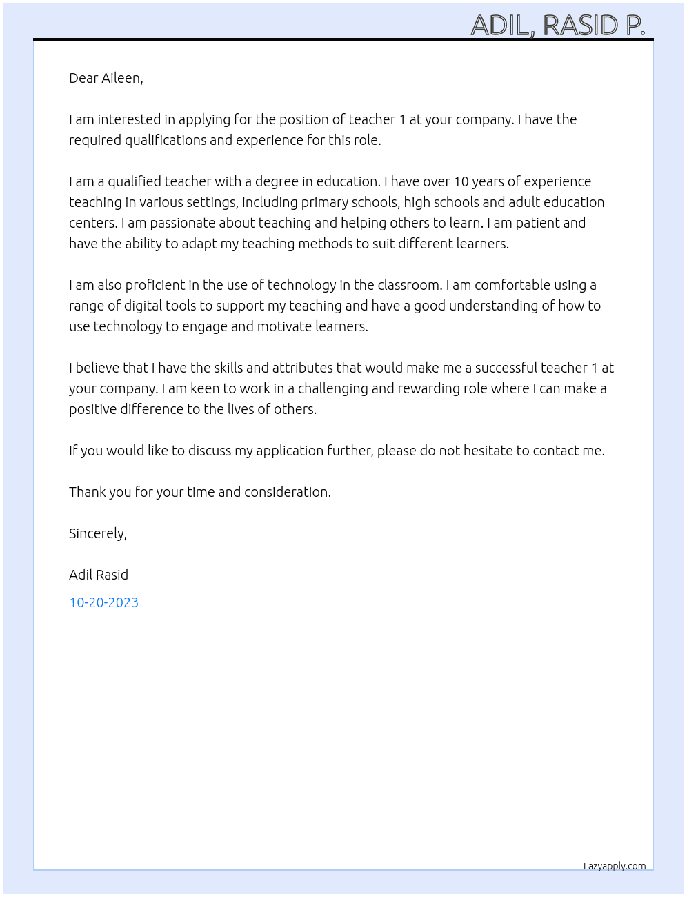 teacher 1 At teacher 1 Cover Letter
