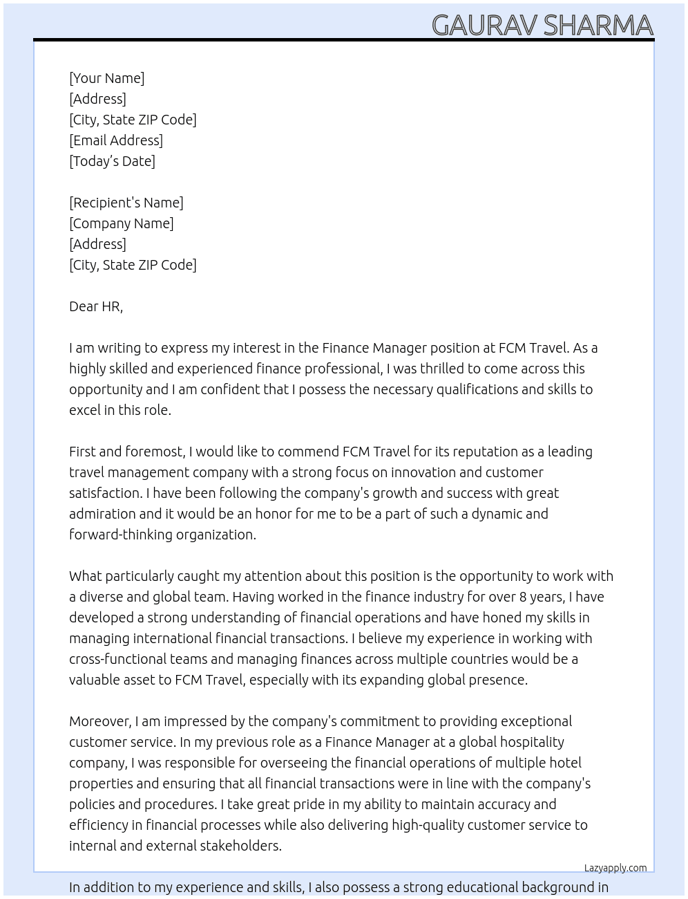 Finance Manager At FCM Travel Cover Letter