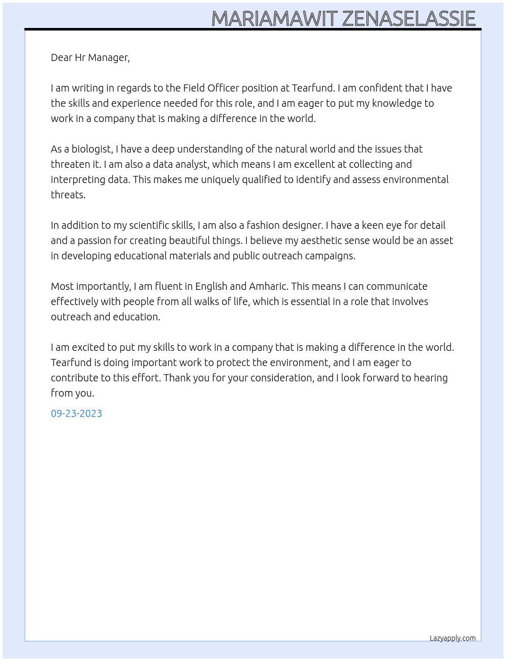 Field officer At Tearfund Cover Letter