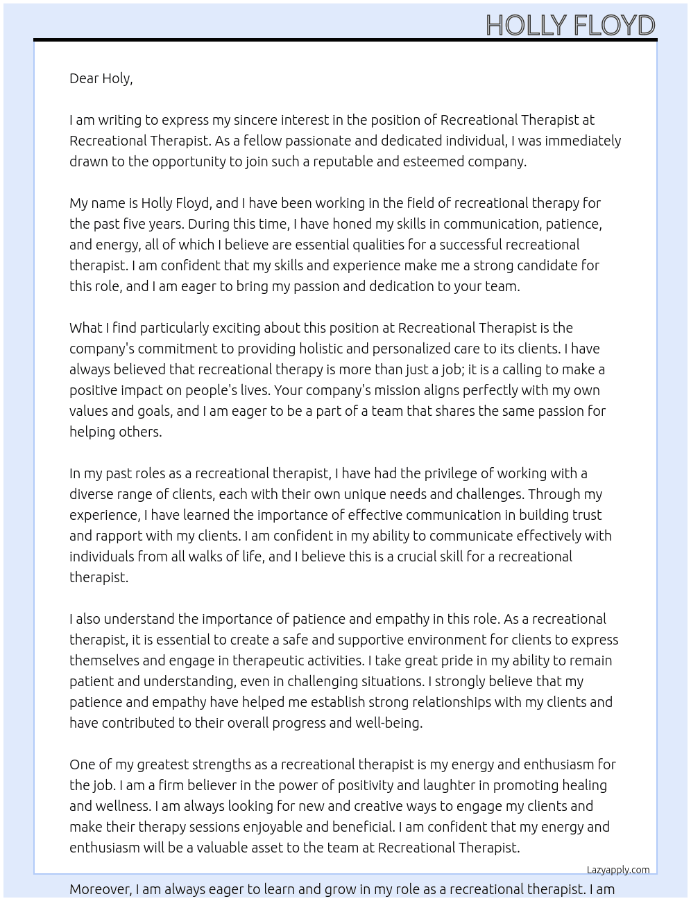 Recreational Thepist At Recreational therpist Cover Letter