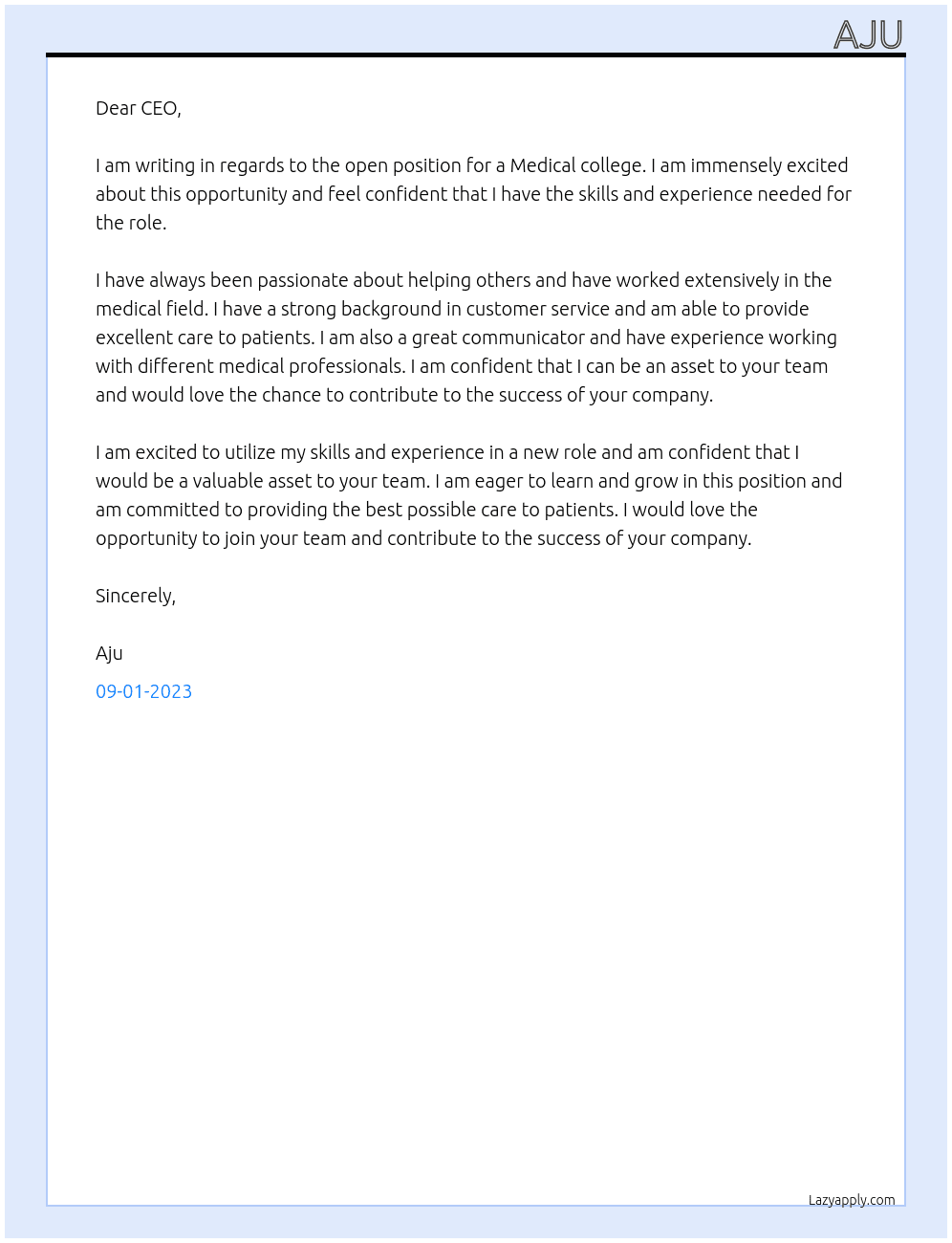 Medical college At Aju Cover Letter