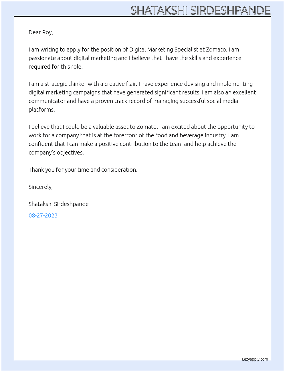 Digital Marketing Specialist At Zomato Cover Letter