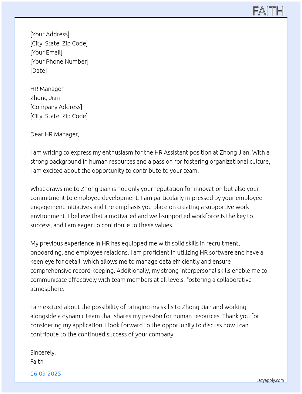 Hr Assistant  At Zhong Jian Cover Letter