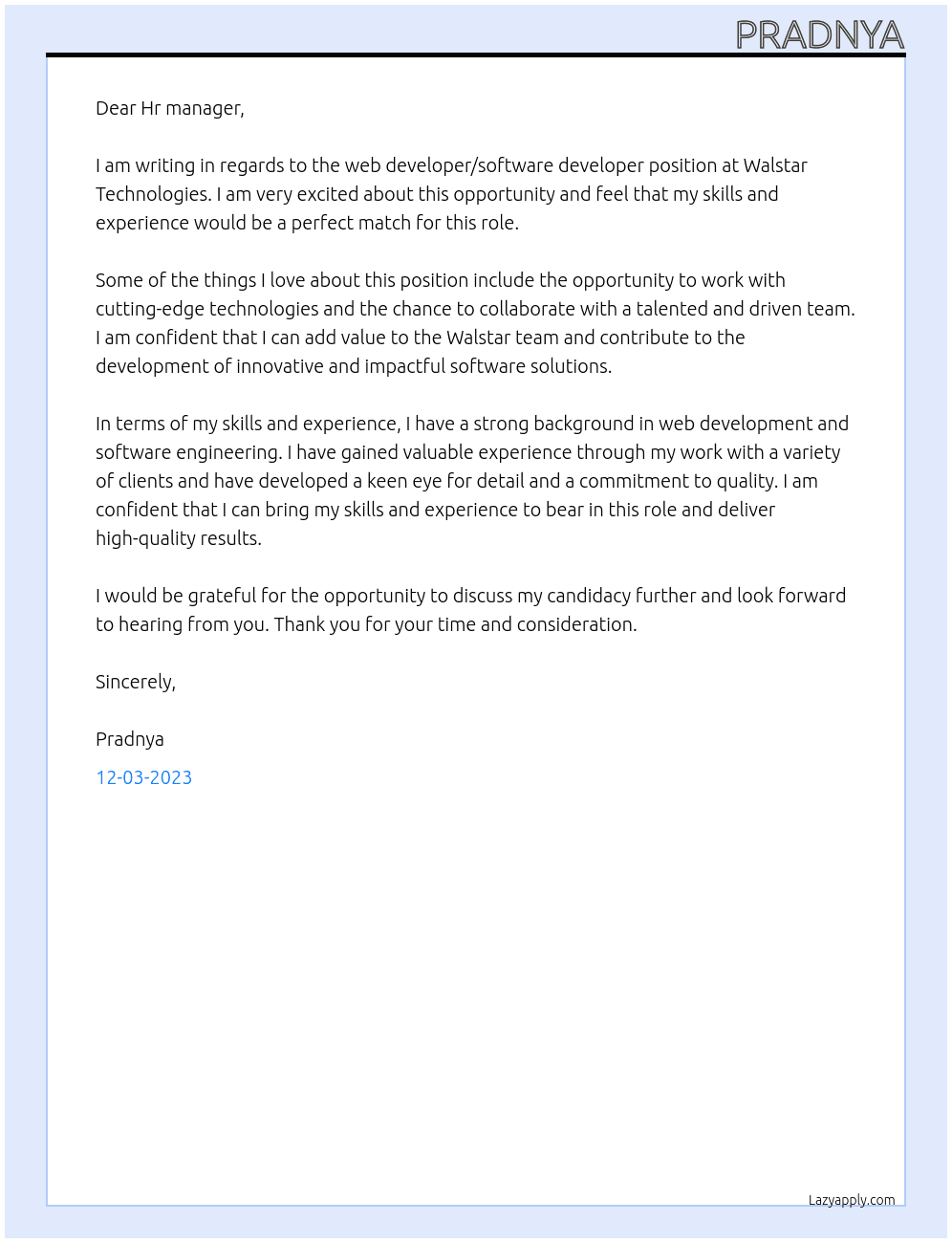 web developer, software developer At Walstar Technologies  Cover Letter