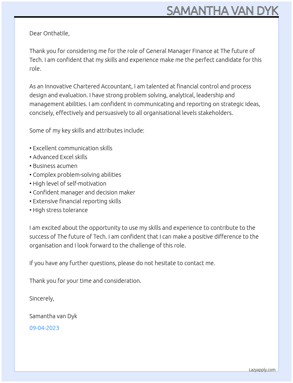 General Manager Finance At The future of Tech Cover Letter