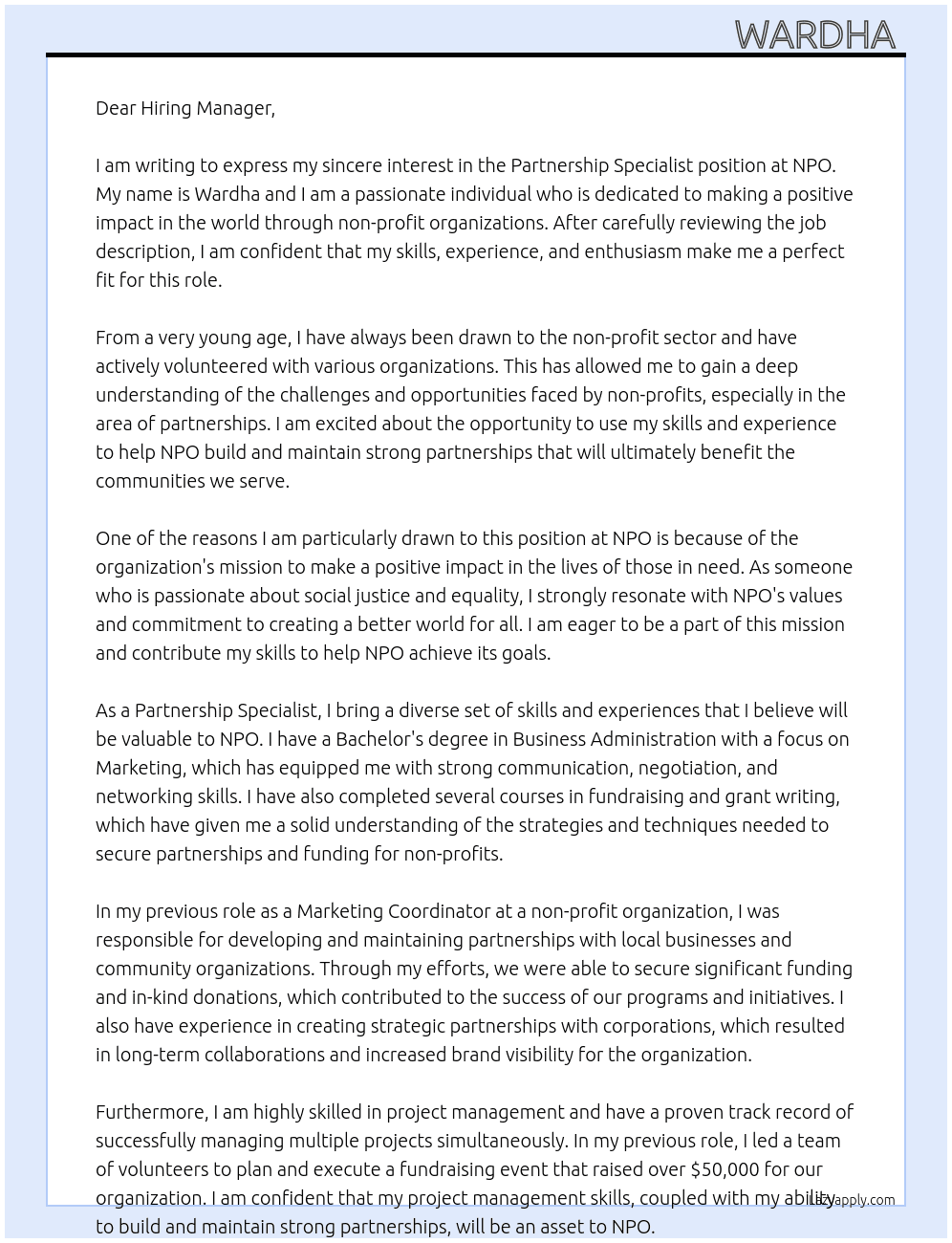 Partnership specialist at non Profit organization At NPO Cover Letter