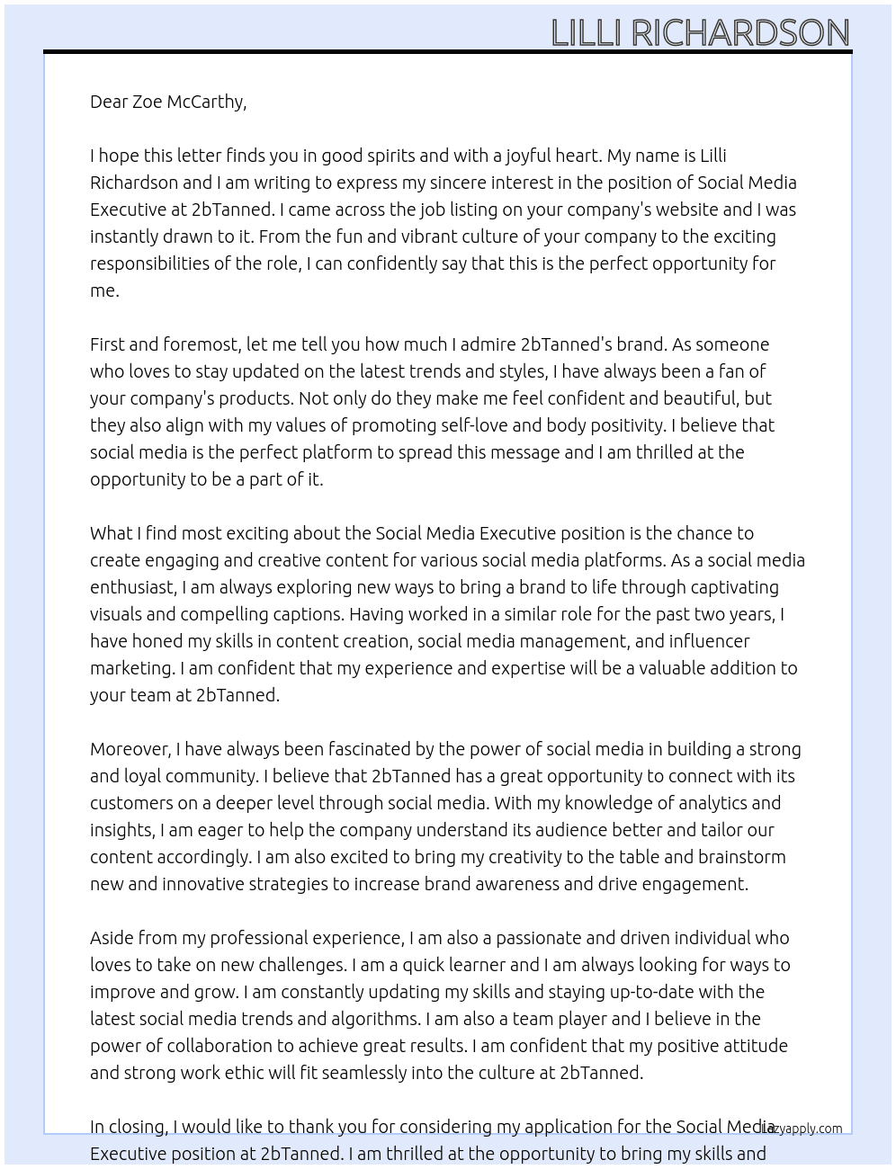 Social Media Executive At 2bTanned Cover Letter