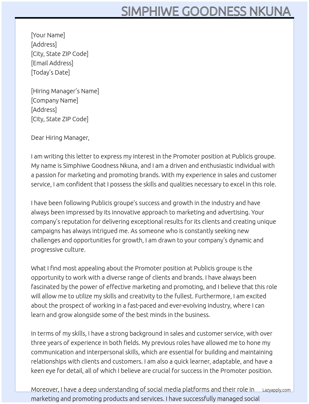 Promoter  At Publicis groupe  Cover Letter