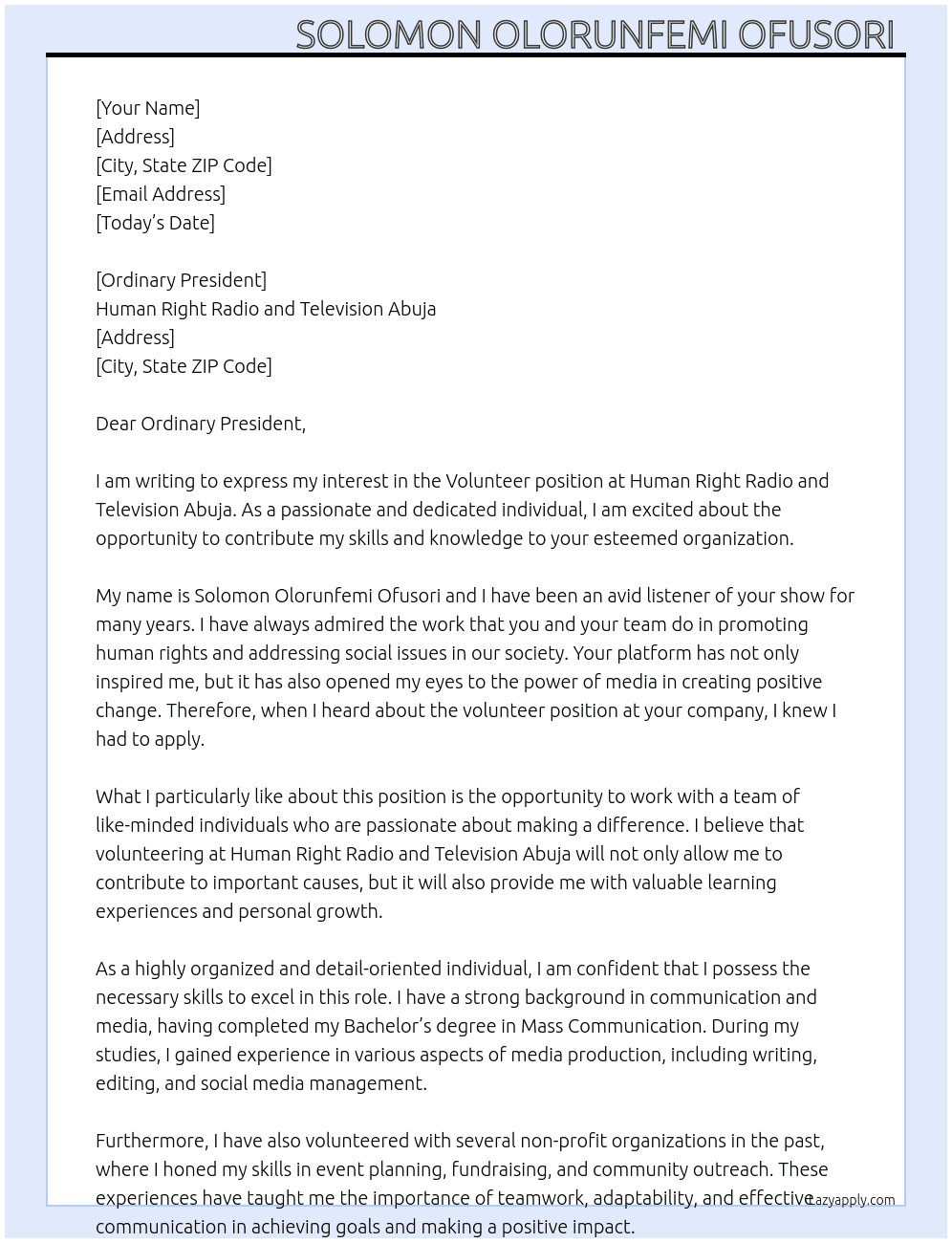 Volunteer At Human Right Radio and Television Abuja Cover Letter