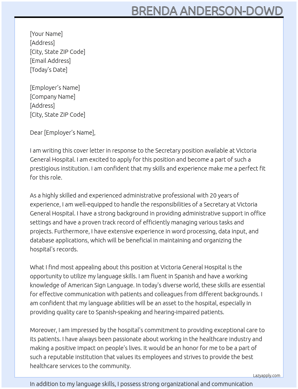 Secretary At Victoria General Hospital Cover Letter