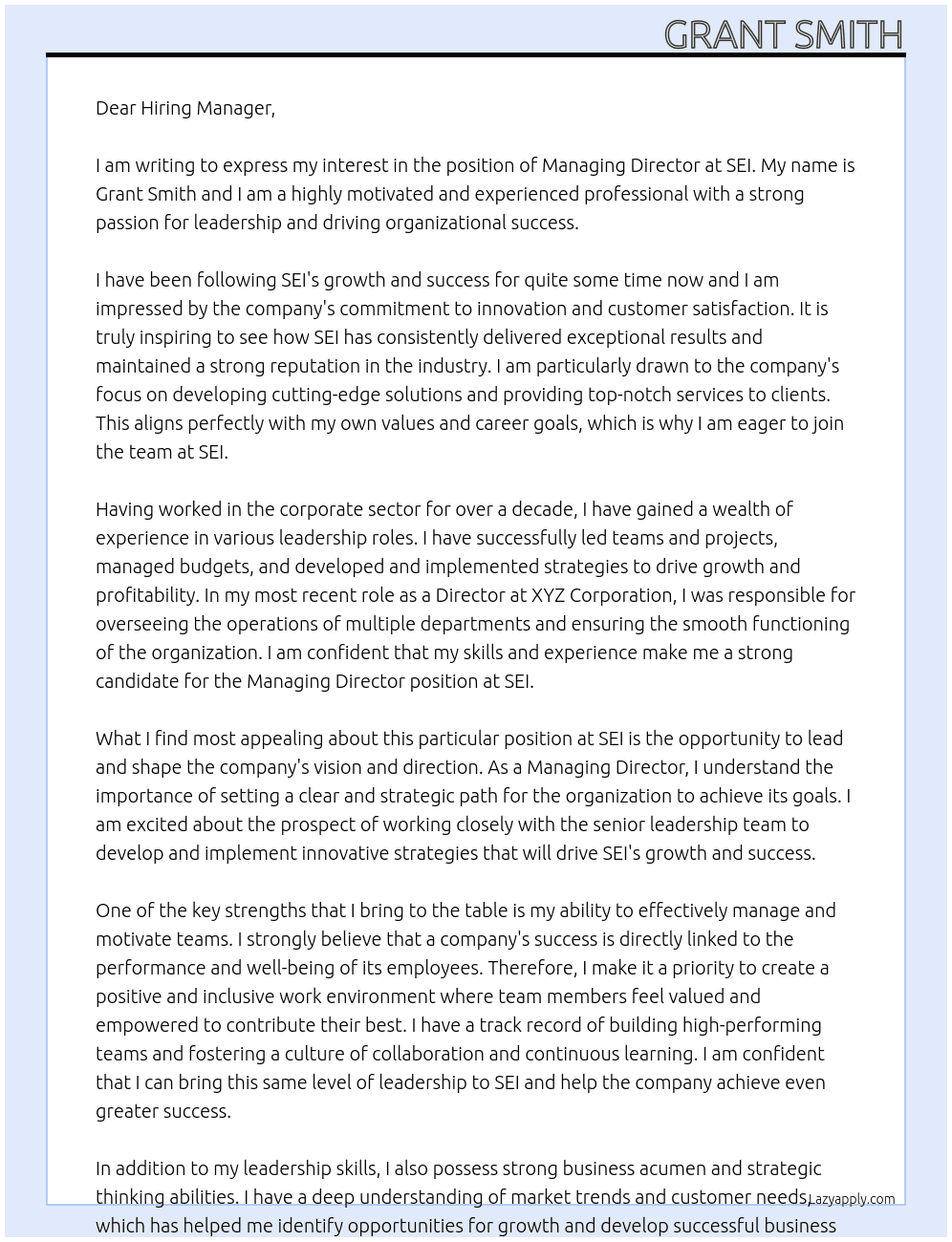 Managing Director At SEI Cover Letter