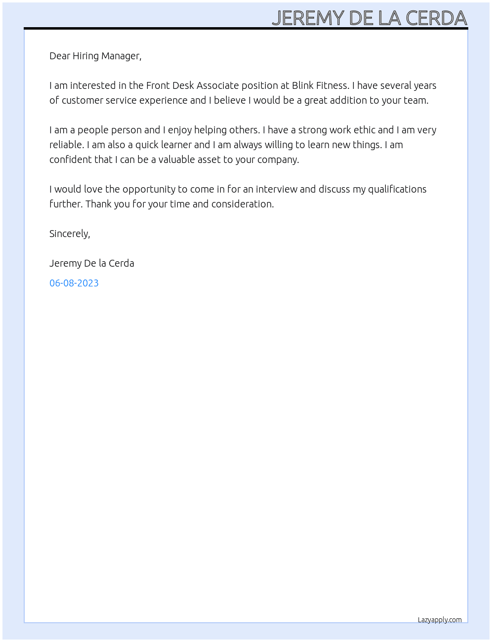 Front desk associate  At Blink fitness  Cover Letter