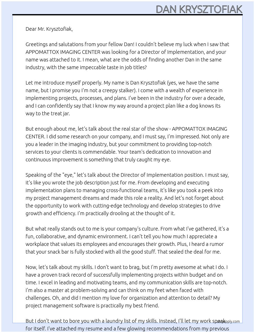 director implementation At APPOMATTOX IMAGING CENTER  Cover Letter