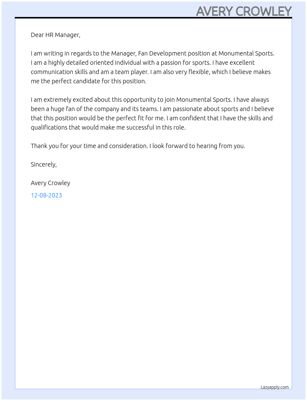 Manager, Fan Development At Monumental Sports Cover Letter