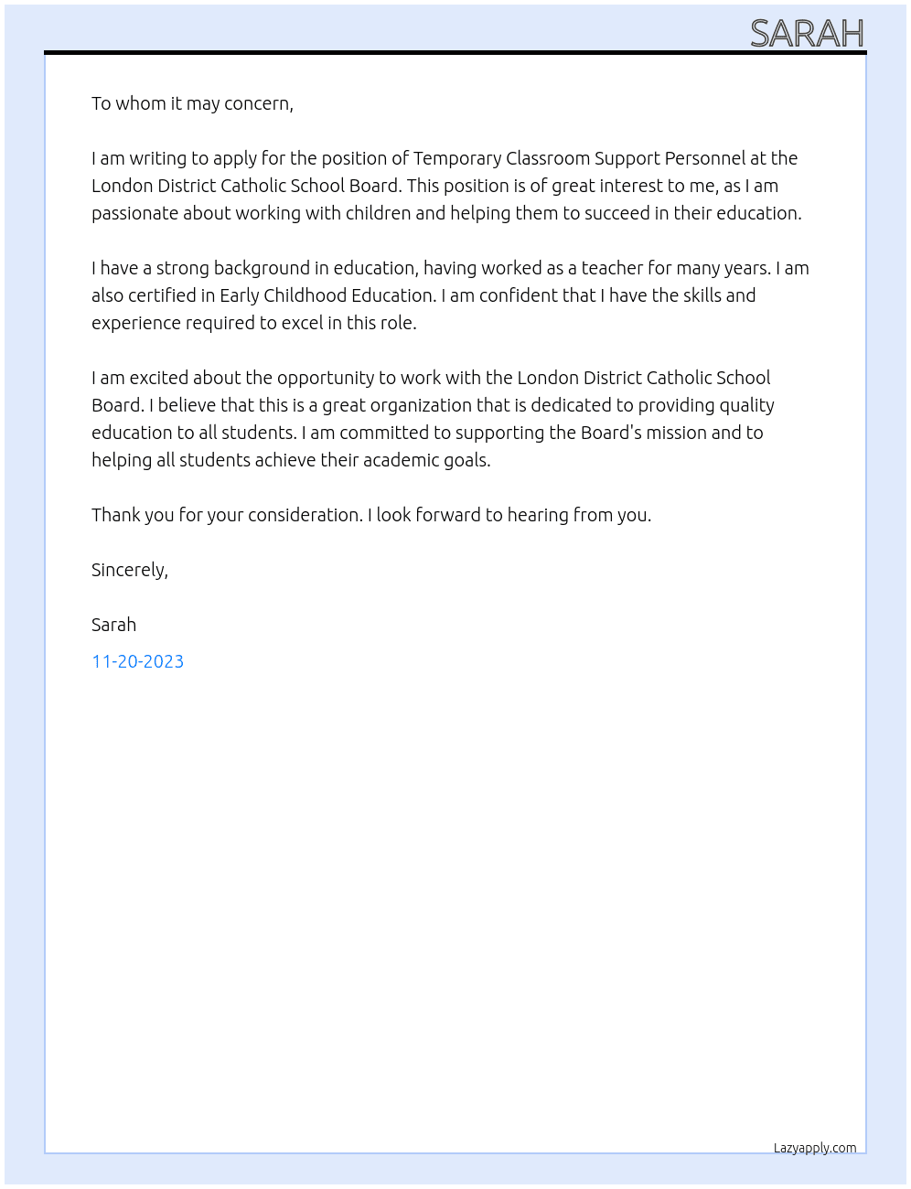 Temporary Classroom Support Personnel At London District Catholic School Board Cover Letter