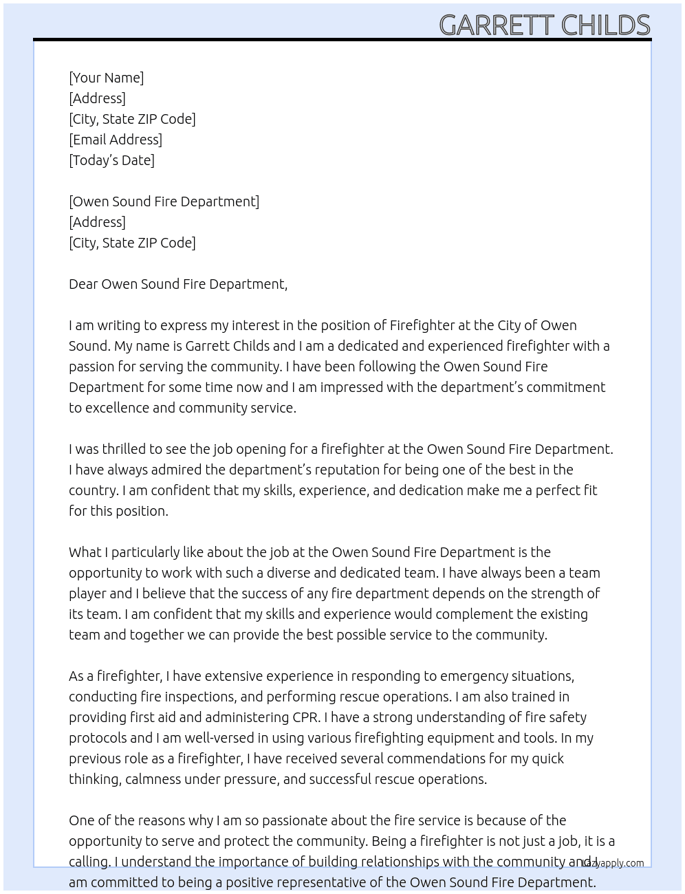 Firefighter At The City Of Owen Sound Cover Letter