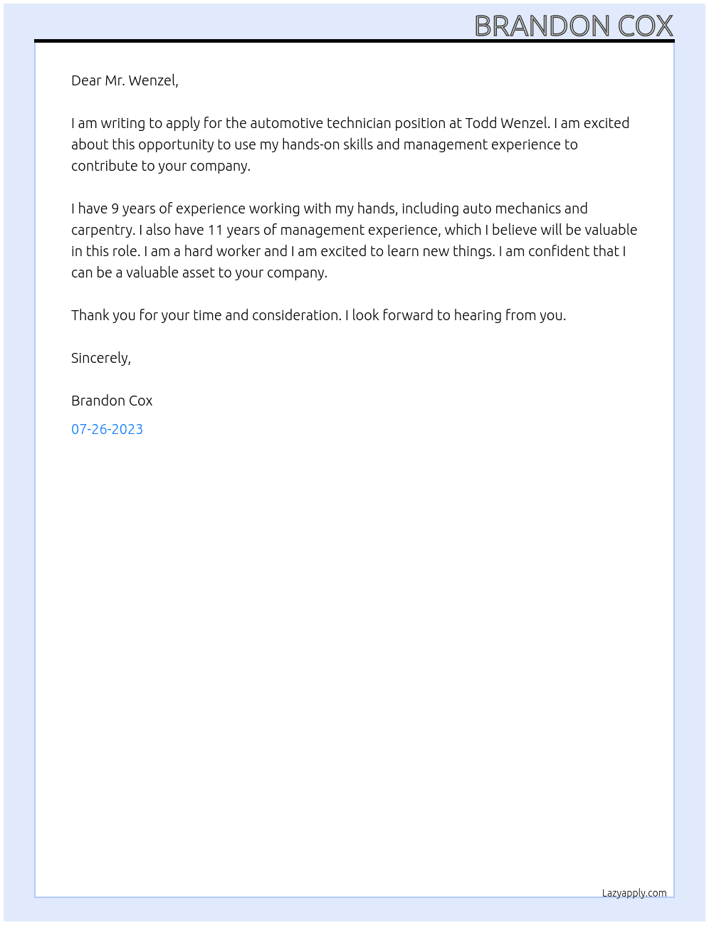 automotive technician At Todd Wenzel Cover Letter
