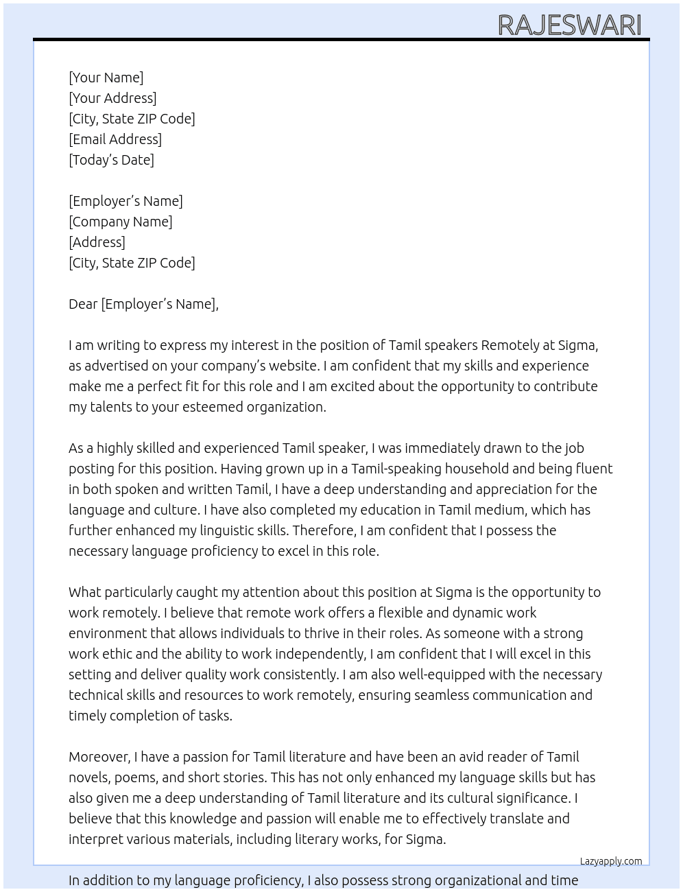 Cover letter for tamil speakers remotely - LazyApply