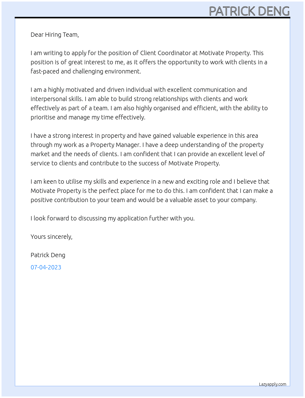 Client Coordinator At Motivate Property Cover Letter