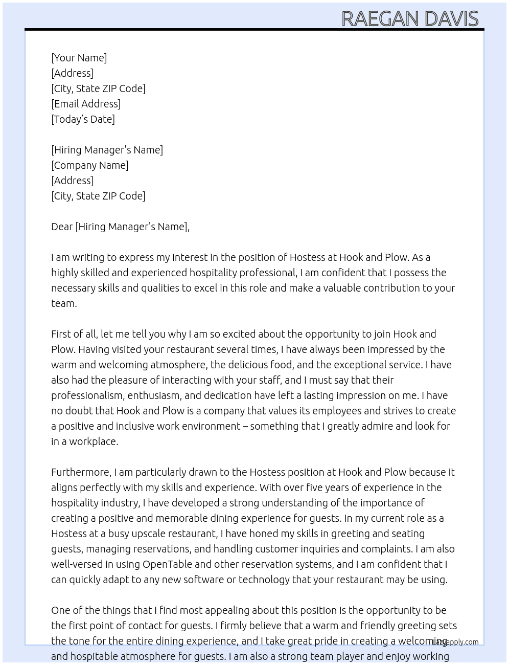 Hostess  At Hook and Plow  Cover Letter