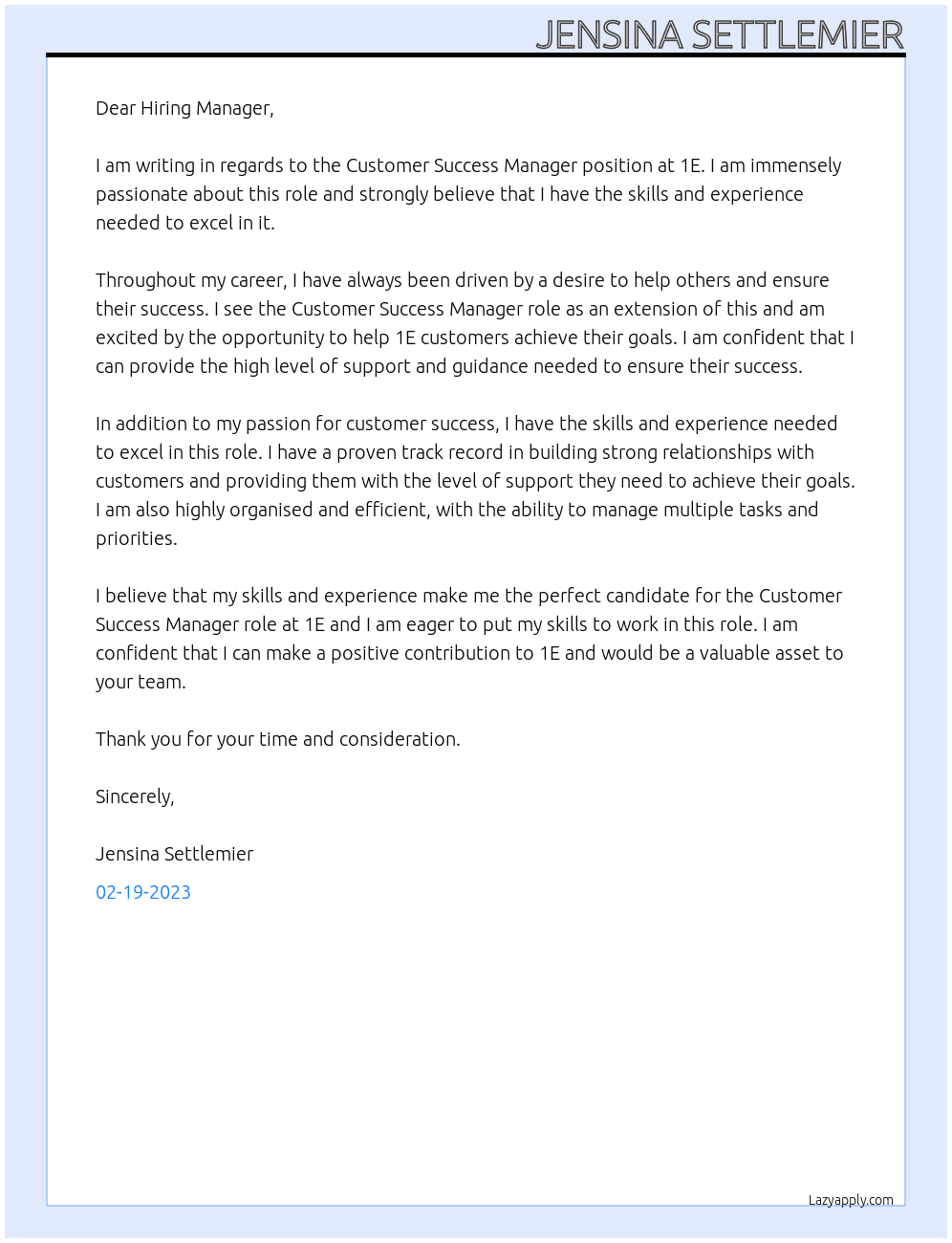Customer Success Manager  At 1E Cover Letter