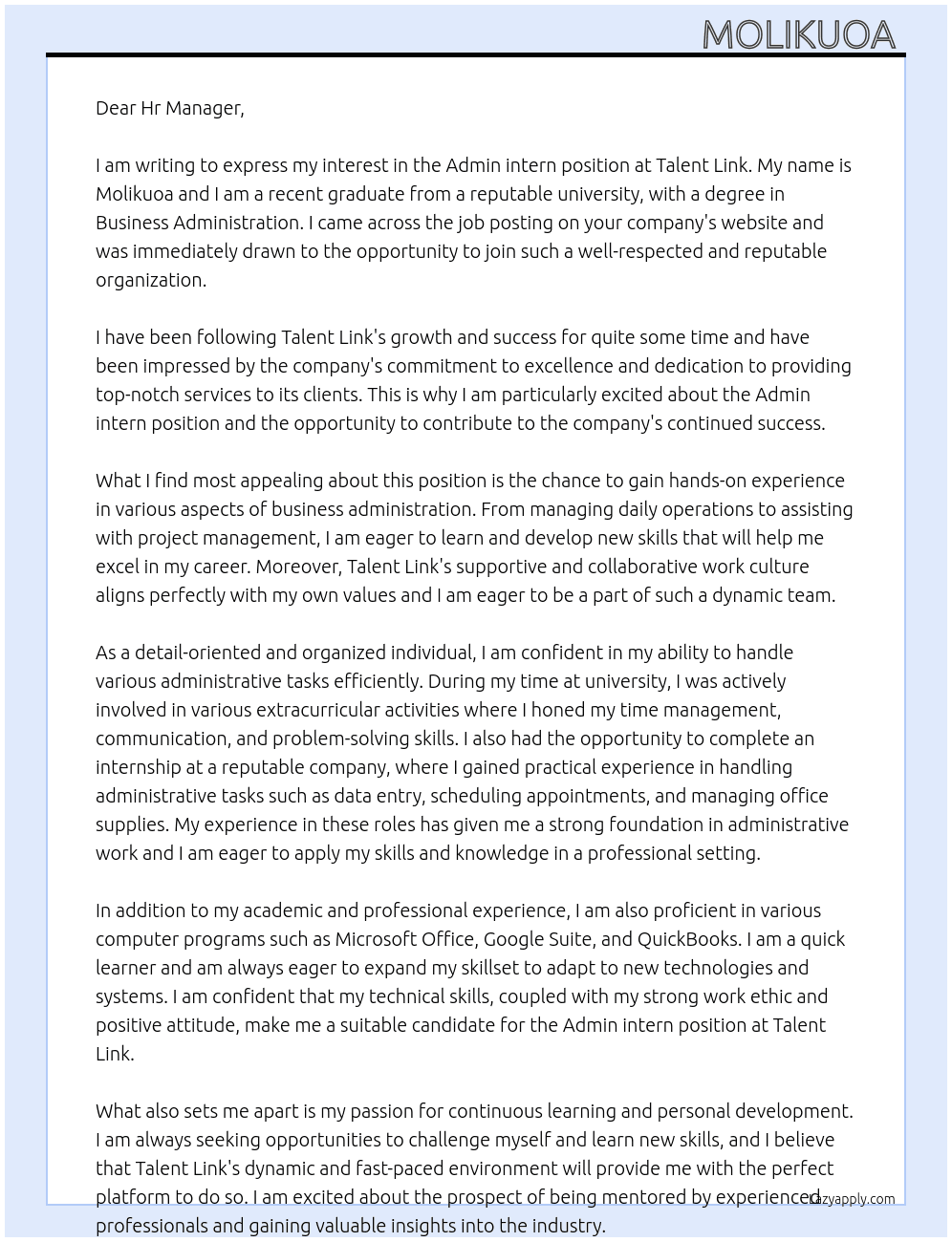 Admin intern At Talent Link Cover Letter