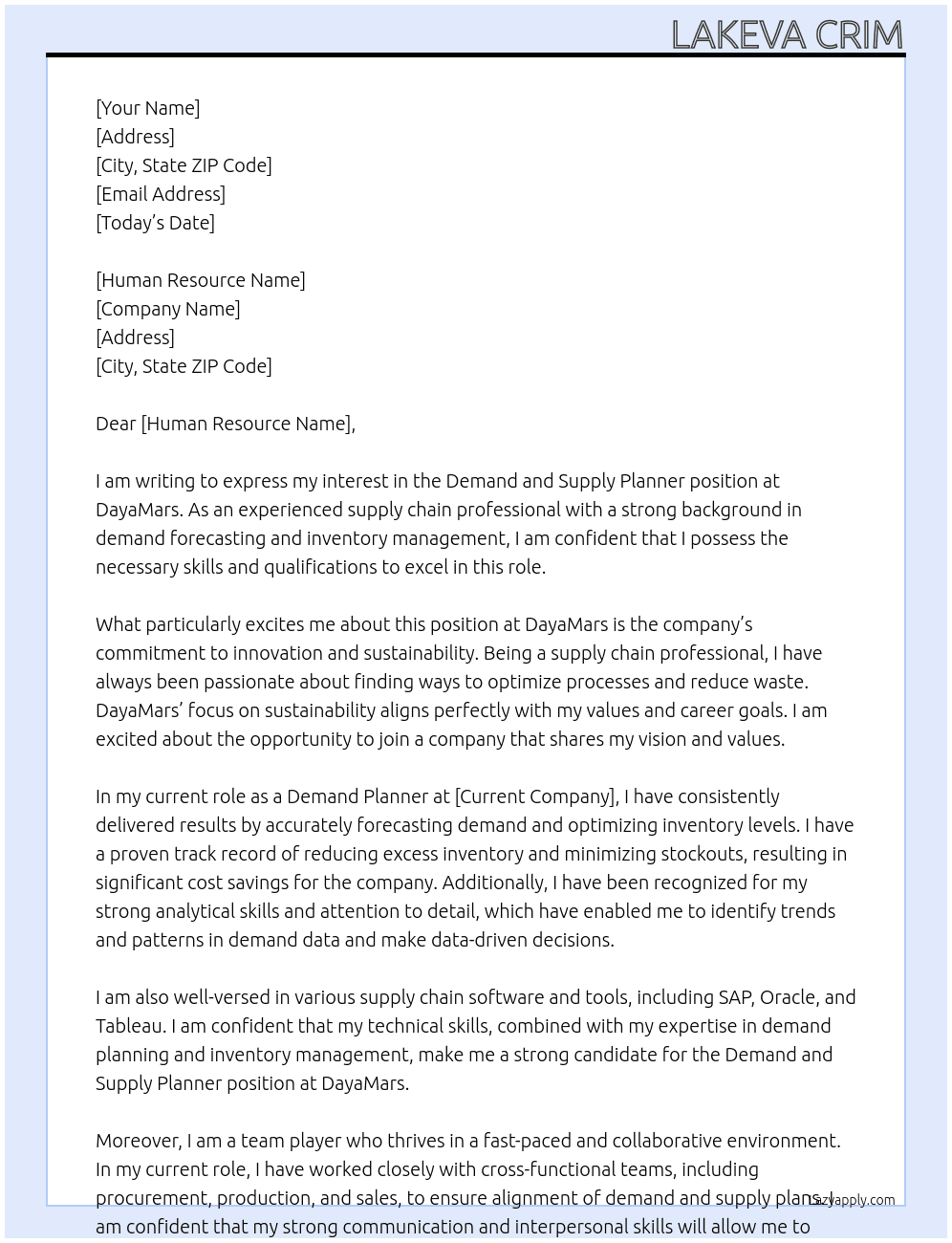 Demand and Supply Planner At DayaMars Cover Letter