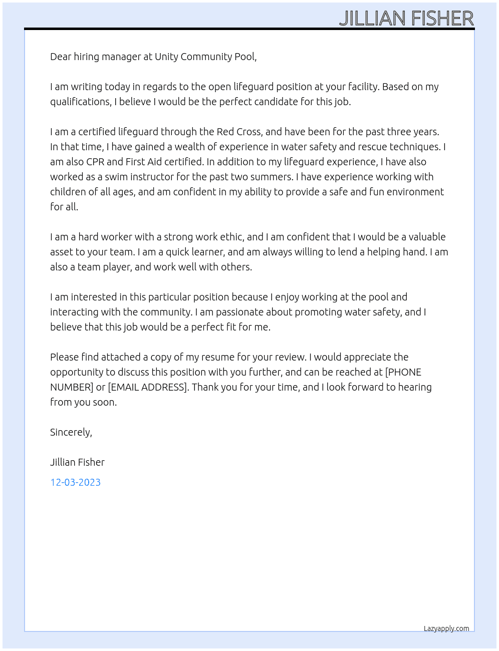 Lifeguard At Unity community pool Cover Letter