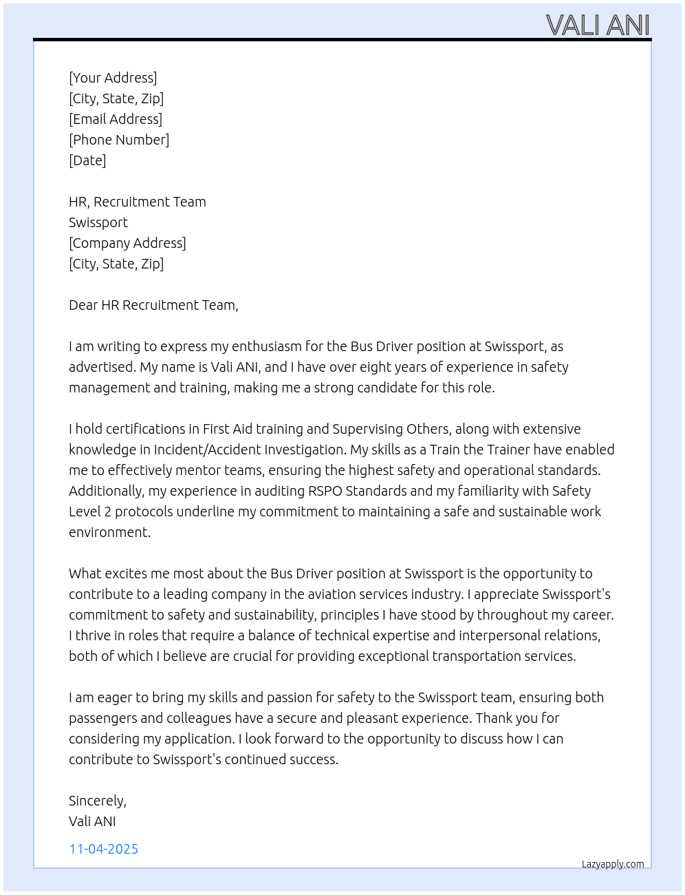 Bus Driver At Swissport Cover Letter