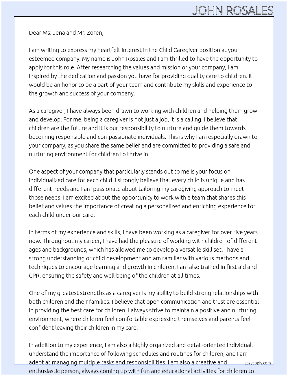 Child caregiver At None Cover Letter
