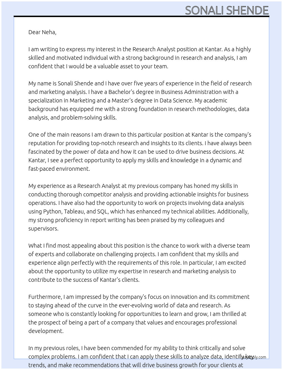 Research Analyst  At Kantar Cover Letter