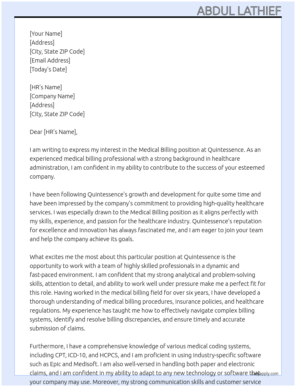 Medical billing  At Quintessence Cover Letter