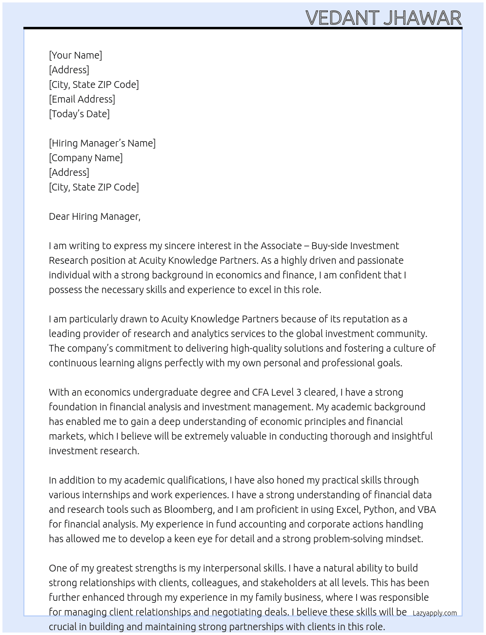 Associate - Buy-side Investment Research At Acuity Knowledge Partners Cover Letter