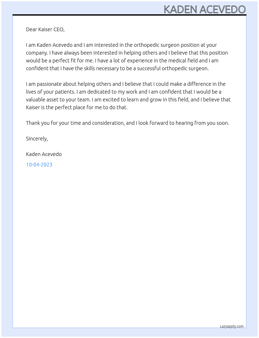 Orthopedic Surgeon At Kaiser Cover Letter