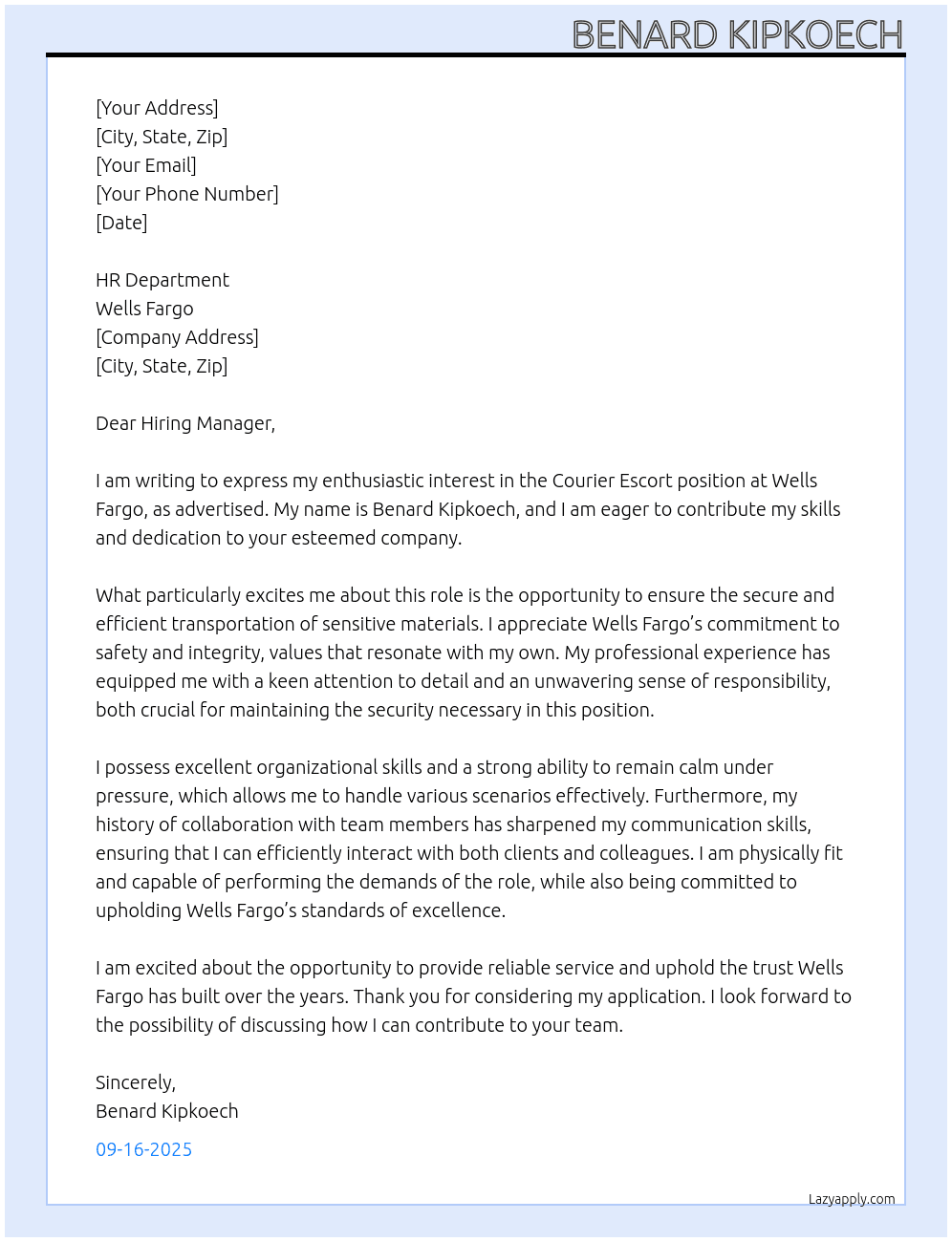 Cover letter for courier escort's position - LazyApply