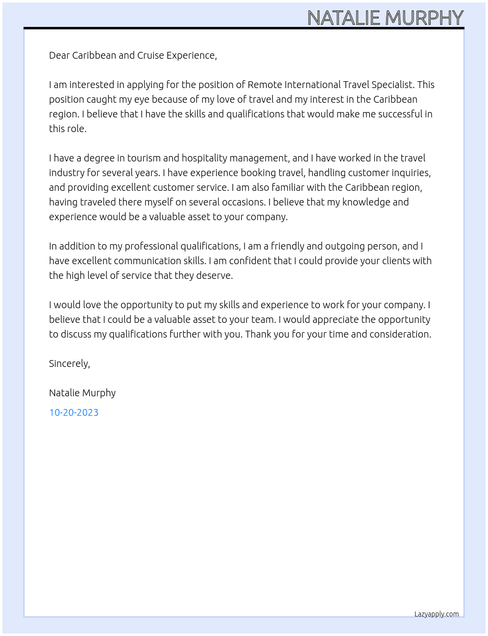 Remote International Travel Specialist  At Caribbean and Cruise Experience Cover Letter