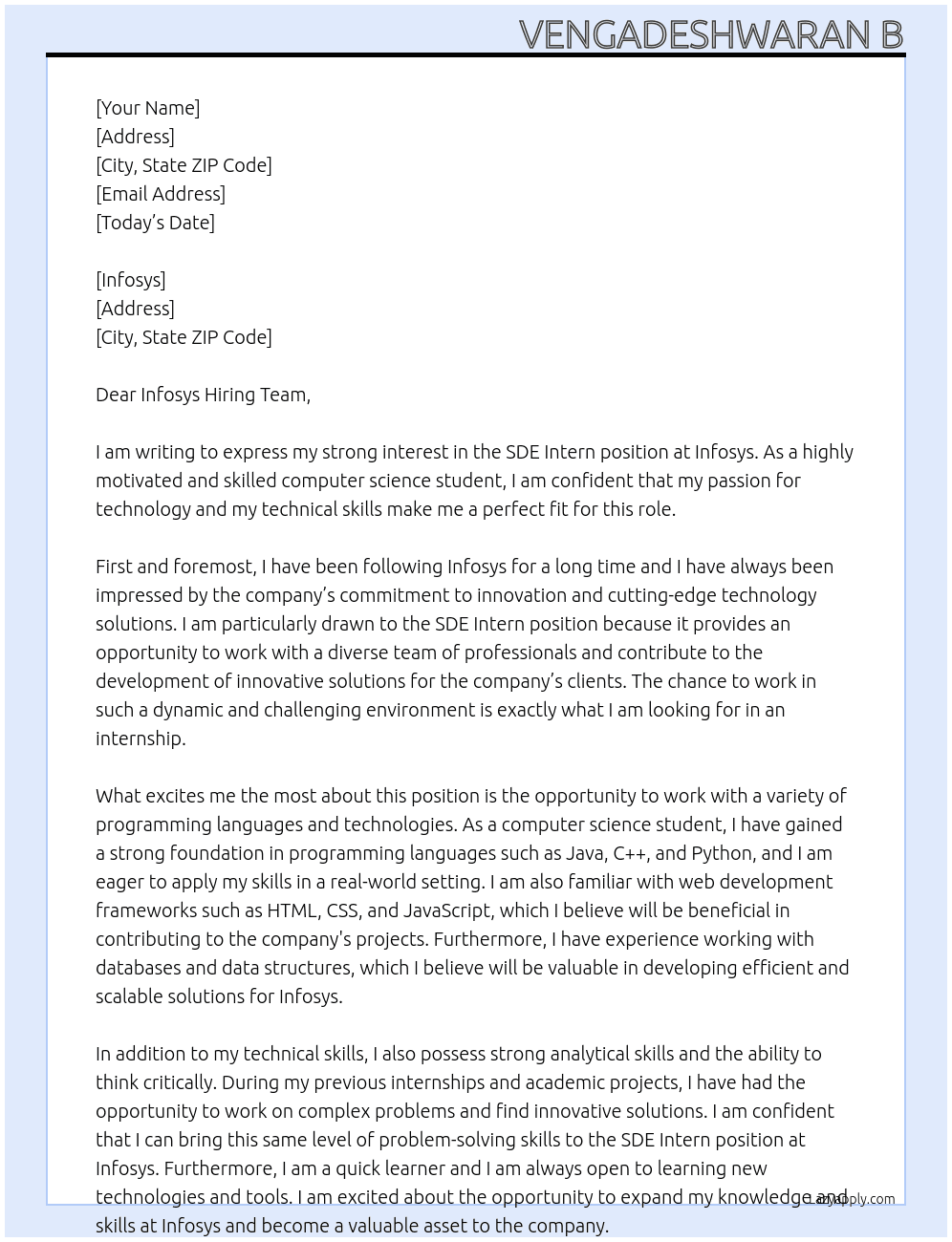 sde intern At Infosys Cover Letter