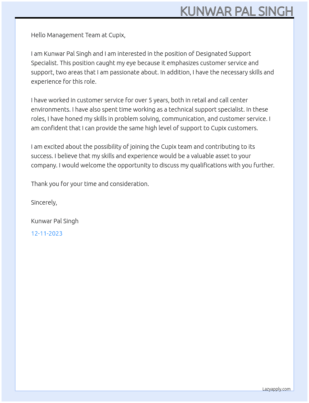 Designated Support Specialist At Cupix Cover Letter
