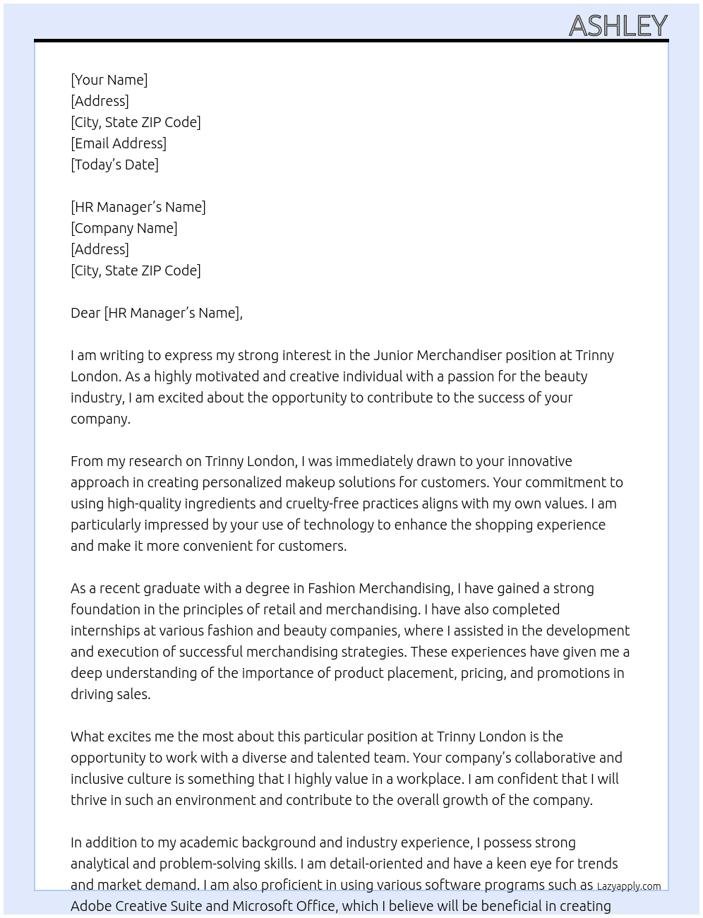 Junior Merchandiser At Trinny London Cover Letter